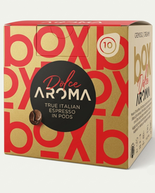 Dolce Aroma creamy coffee pods box, red with 10-count badge and pod icon