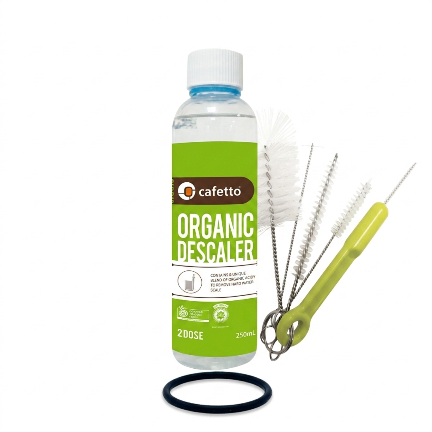 Organic descaler maintenance kit: green bottle with brush and rubber ring