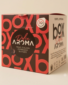 Dolce Aroma coffee pods box, Forte/Strong label with 10 count graphic