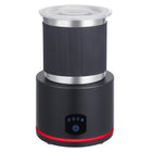 Black automatic milk frother with clear lid and blue LED control buttons