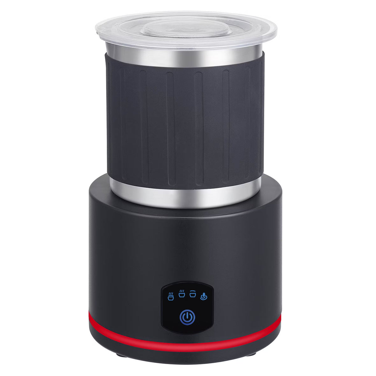 Black automatic milk frother with clear lid and blue LED control buttons