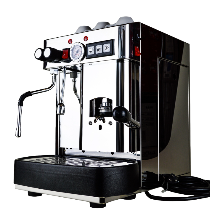 LaPiccola Cecilia pod coffee machine with chrome and black body, front control panel and spout.