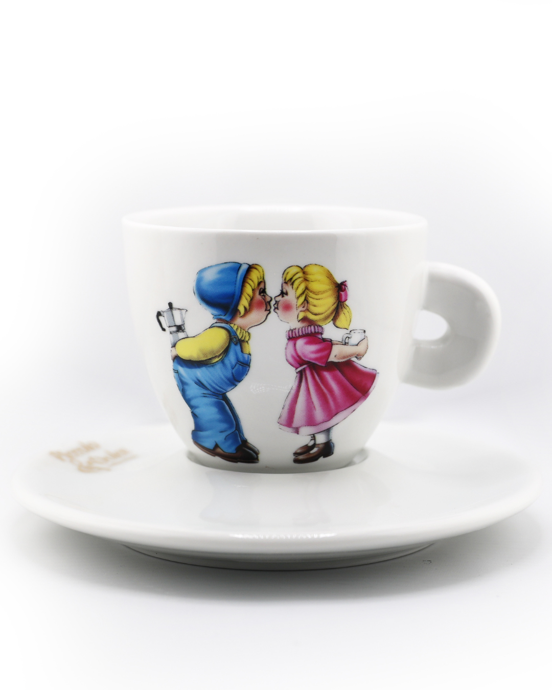White cappuccino cup and saucer set with colorful couple illustration