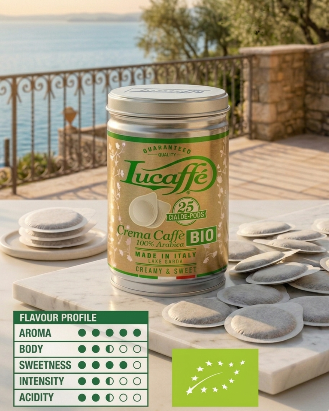 Lucaffé Crema Cafe BIO 25 coffee pods in tin canister
