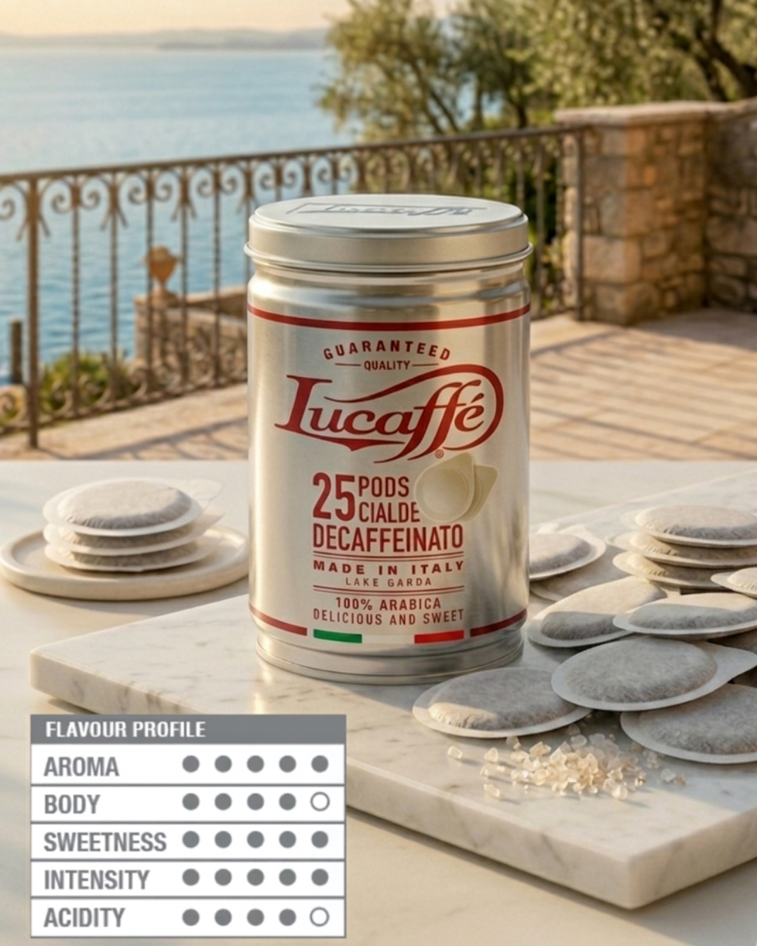 Lucaffé decaf coffee pods tin with several pods on a tray