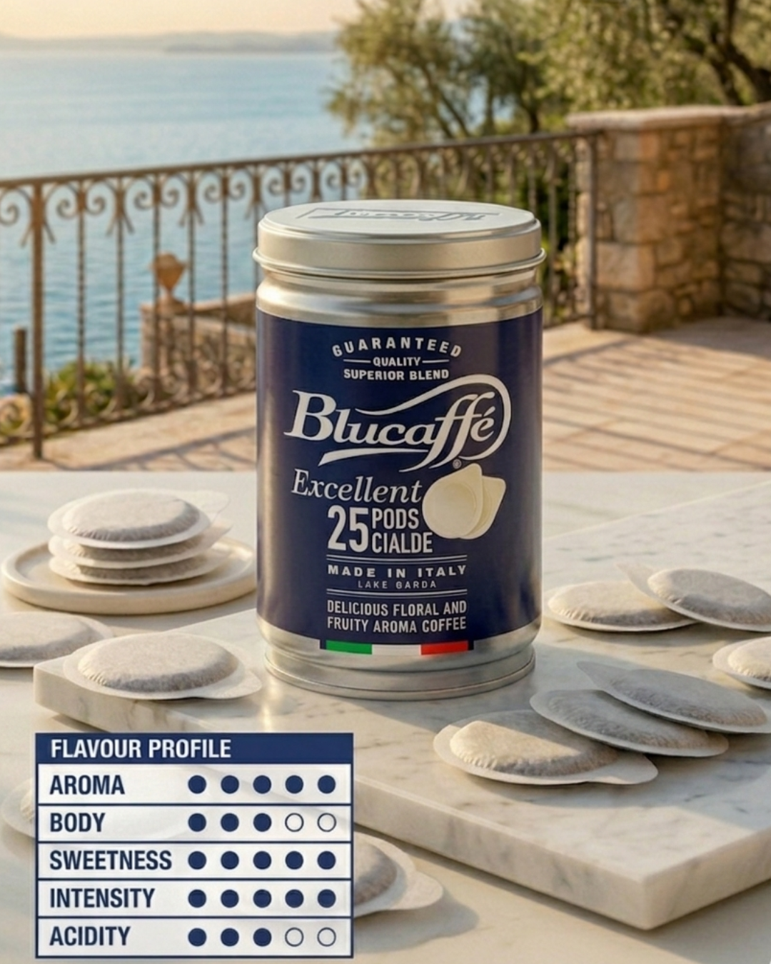 Lucaffé Blucaffè ESE coffee pods tin with loose pods on a marble tray