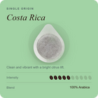 Single-serve coffee pod with Costa Rica label, dark coffee granules on top