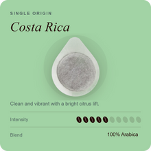 Single-serve coffee pod with Costa Rica label, dark coffee granules on top