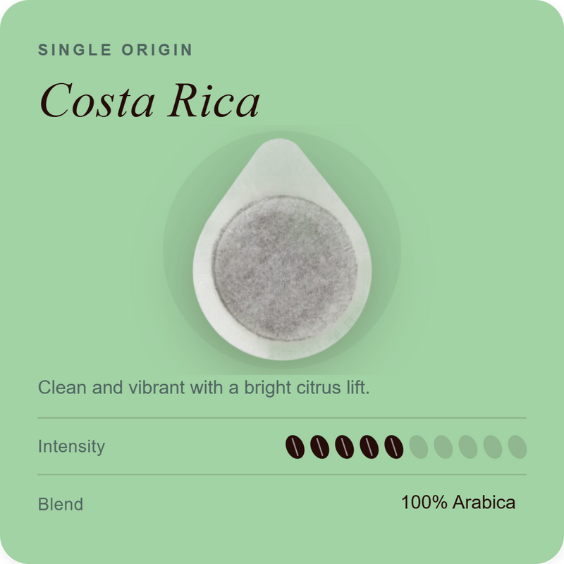 Single-serve coffee pod with Costa Rica label, dark coffee granules on top