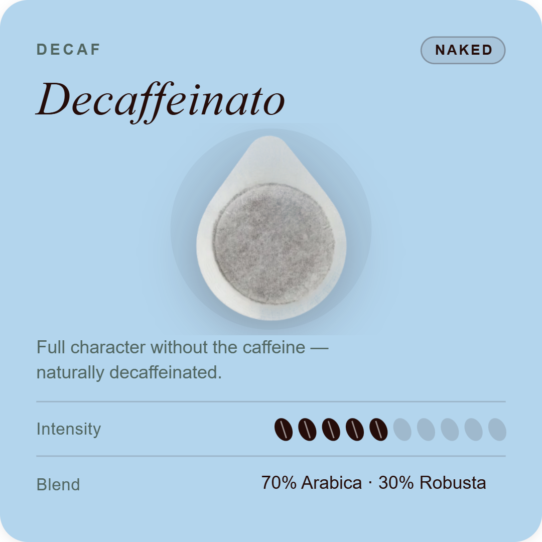 Decaffeinated coffee pod, naked unwrapped capsule with gray filter