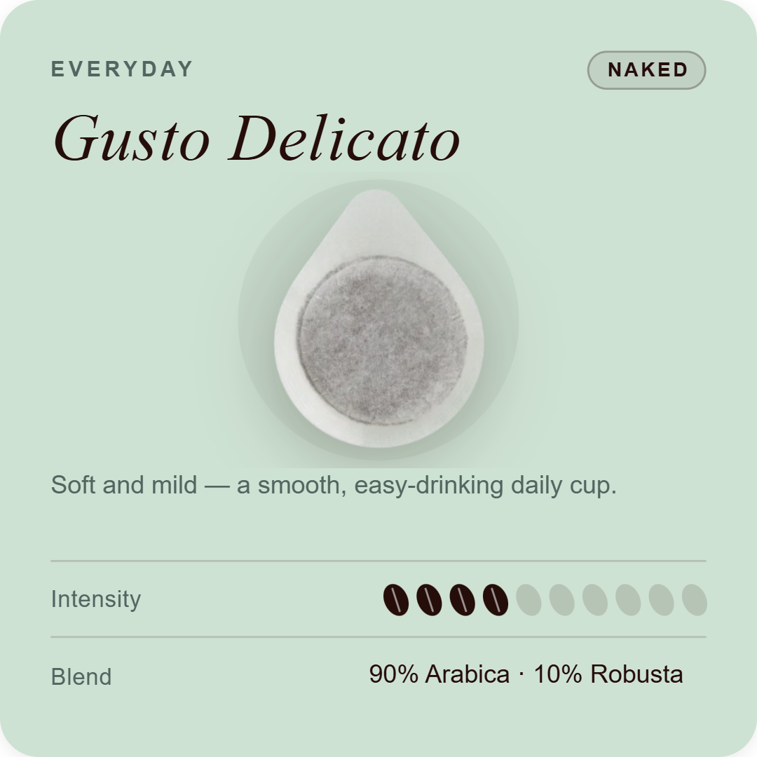 Unwrapped coffee pod for Gusto Delicato, gray coffee filter disc with white base