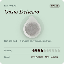 Unwrapped coffee pod for Gusto Delicato, gray coffee filter disc with white base