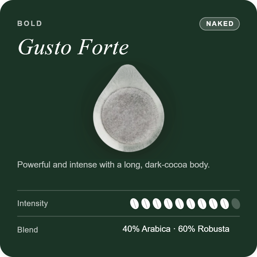 Single naked coffee pod with gray circular filter on product card