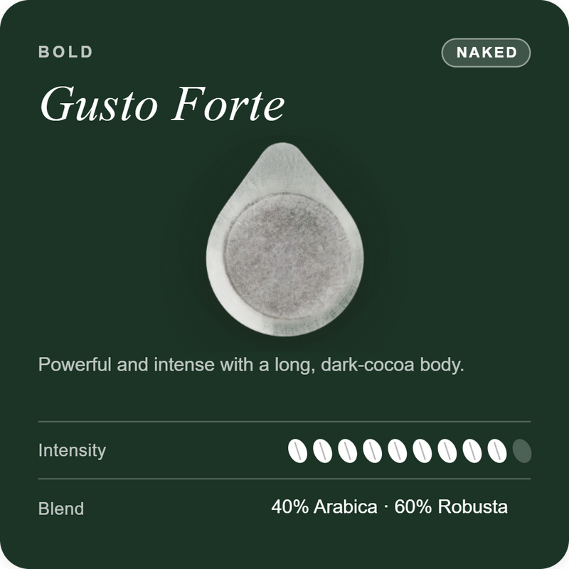 Single naked coffee pod with gray circular filter on product card