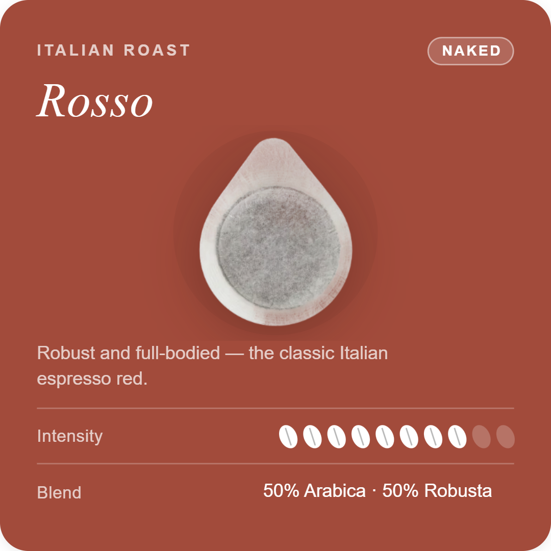 Italian roast coffee pod, single naked pod insert, light beige outer with dark center
