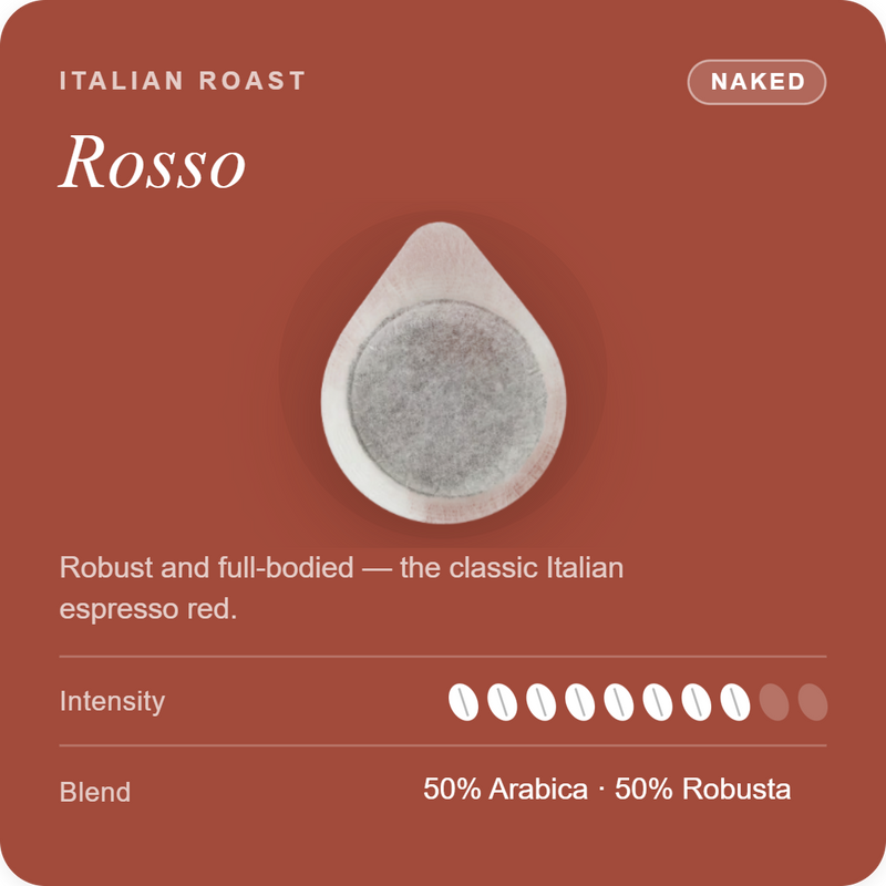 Italian roast coffee pod, single naked pod insert, light beige outer with dark center