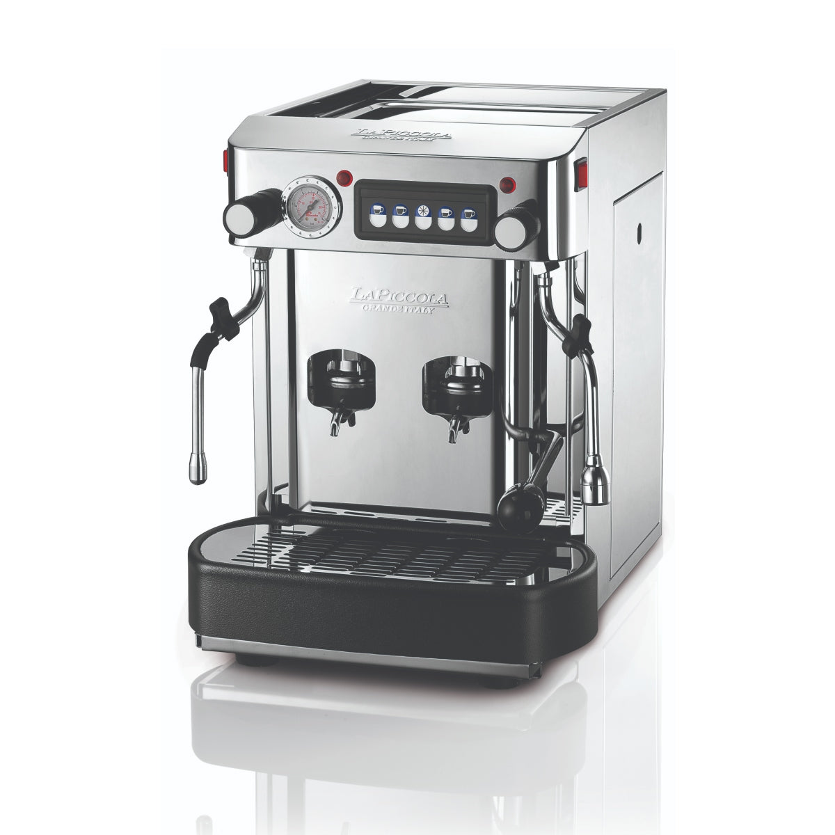 Pod coffee machine with gauge, black dispensing bay, and stainless steel body