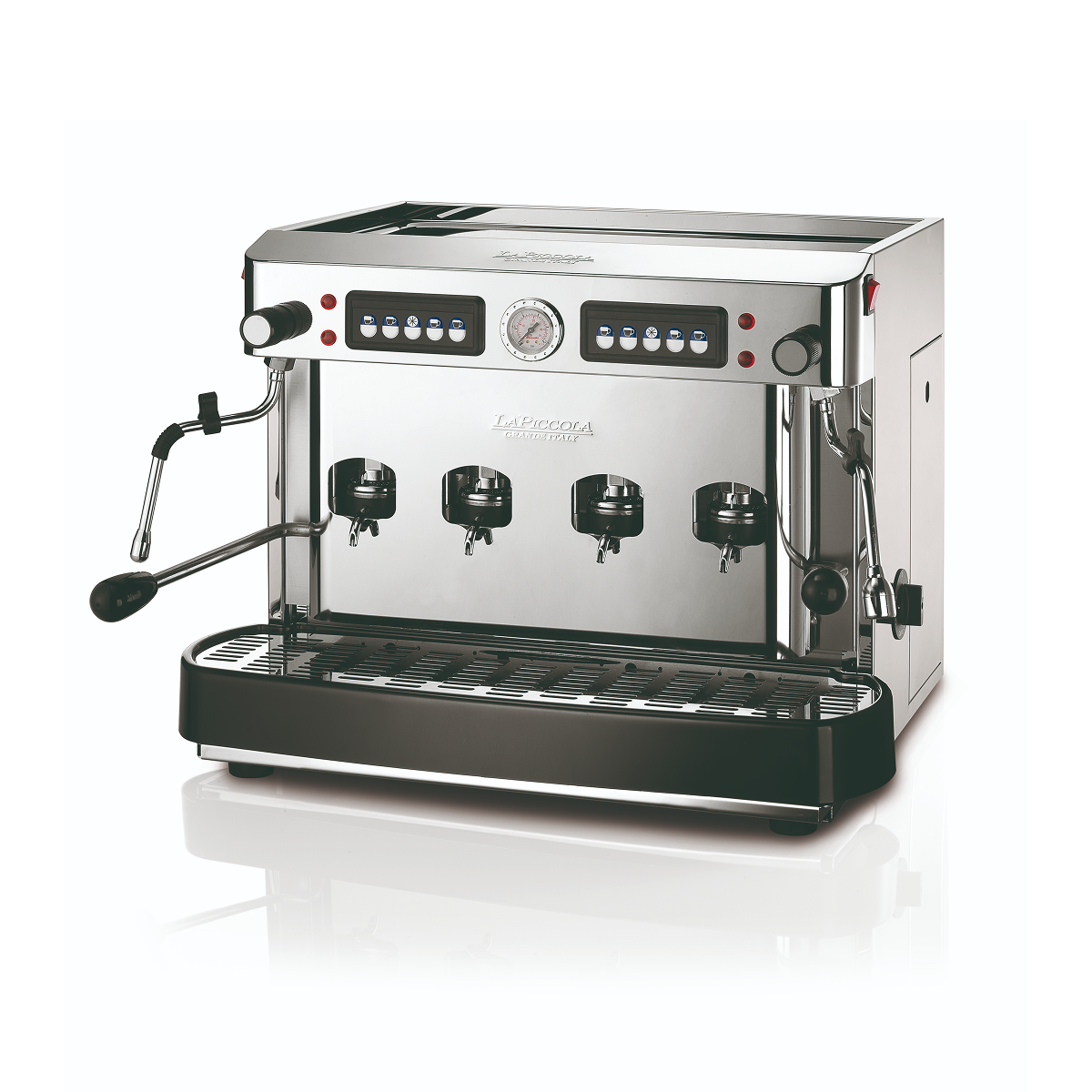 Stainless steel pod coffee machine with black control panel and front dispensing pods