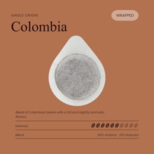 Single coffee pod with circular center filter, wrapped in a white teardrop sleeve