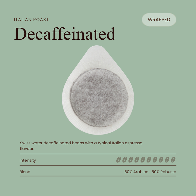 Decaffeinated coffee pod, teardrop sealed capsule with mesh filter