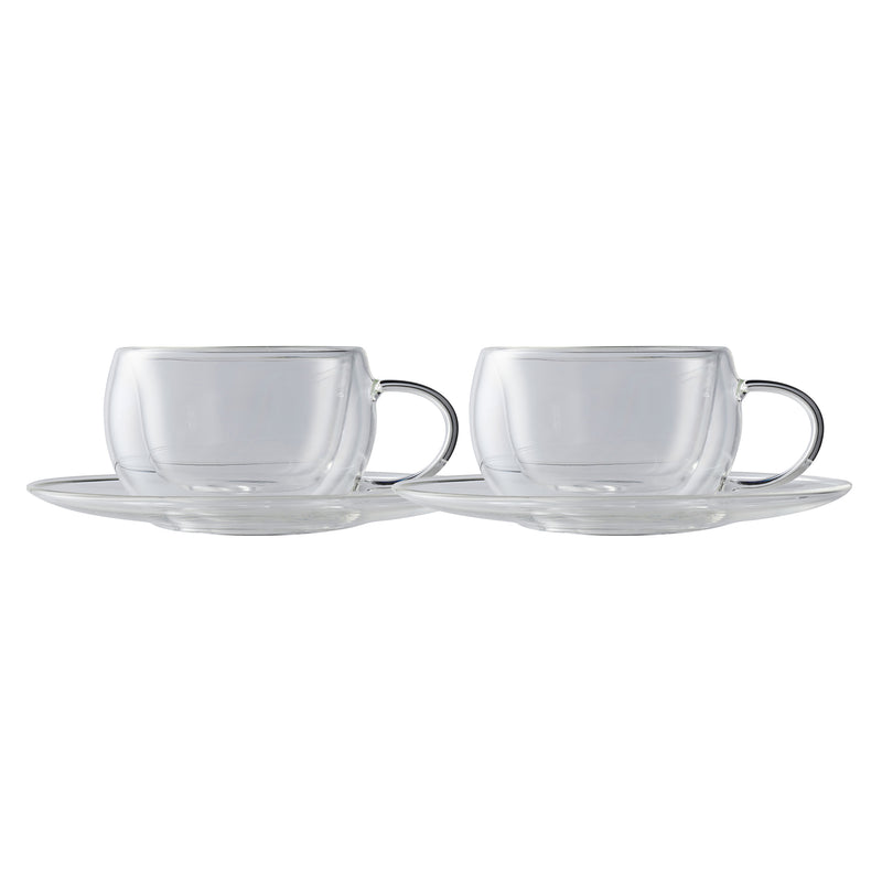 Double-wall glass cup and saucer set of 2, clear with side handles, 80 ml
