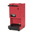 Red coffee pod machine with front pod window and drip tray grate, side spout bar.