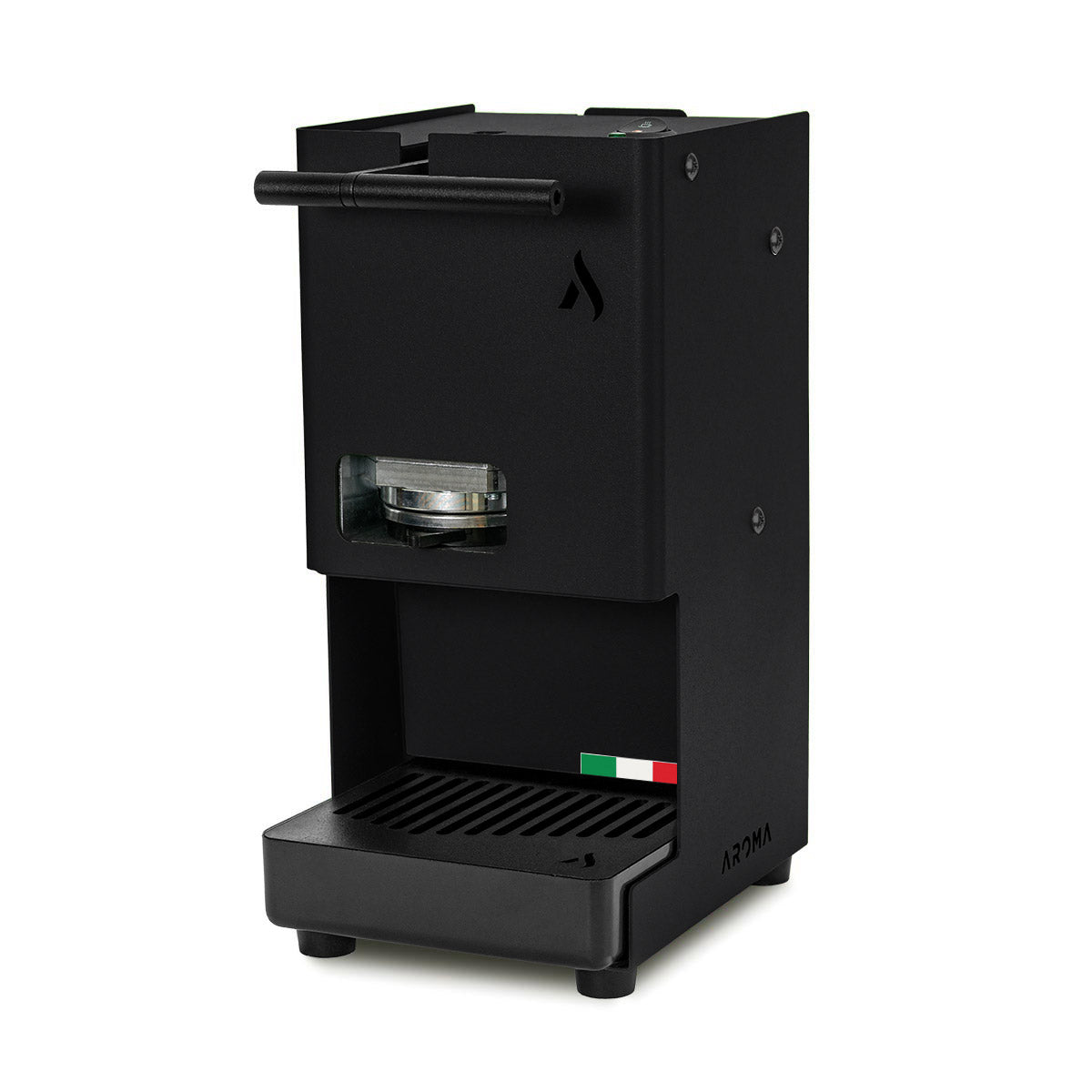 Black coffee pod machine with front pod window and drip tray grate, side spout bar.