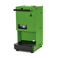 Green coffee pod machine with front pod window and drip tray grate, side spout bar.