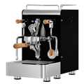 Black espresso machine with polished stainless steel portafilter system and brown steam knobs