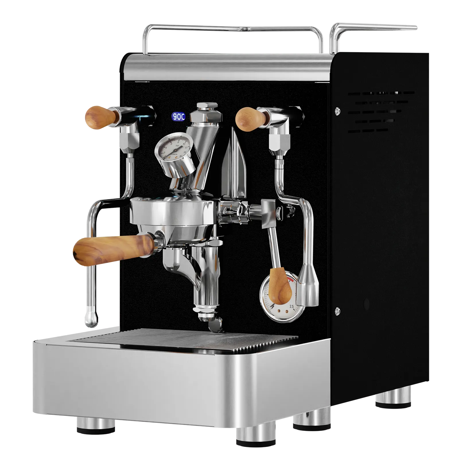 Black espresso machine with polished stainless steel portafilter system and brown steam knobs