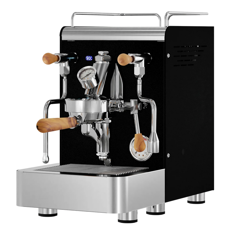 Black espresso machine with polished stainless steel portafilter system and brown steam knobs