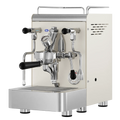 Cream espresso machine with stainless steel group head, black knobs, and portafilter holders