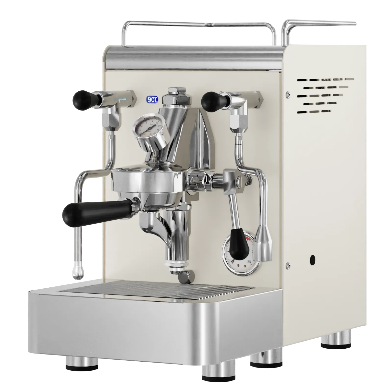 Cream espresso machine with stainless steel group head, black knobs, and portafilter holders