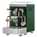 Dark green espresso machine with stainless steel parts, brown wooden steam knobs, dual spouts