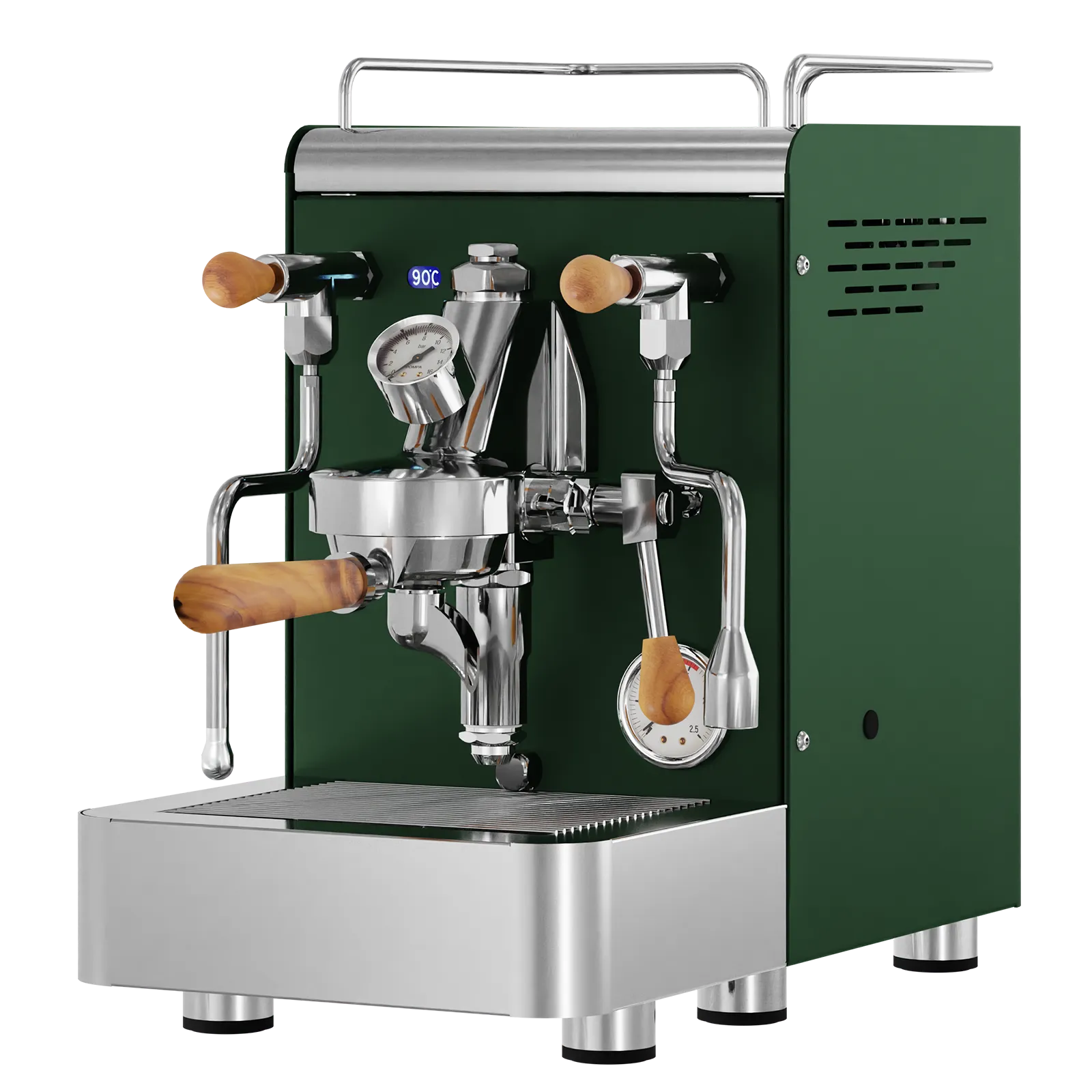 Dark green espresso machine with stainless steel parts, brown wooden steam knobs, dual spouts