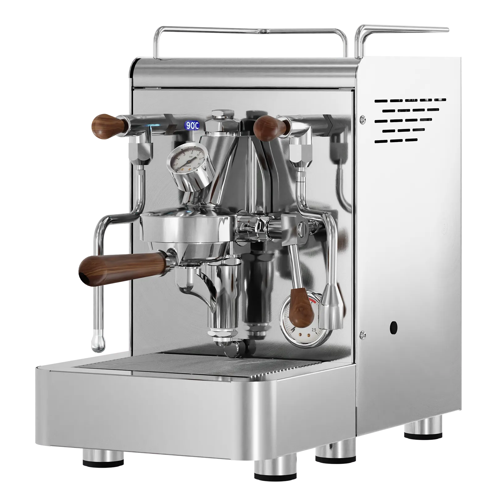 Stainless and silver espresso machine with brown wooden steam knobs and portafilter holders