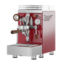 Commercial espresso machine, red housing with stainless parts and round pressure gauge
