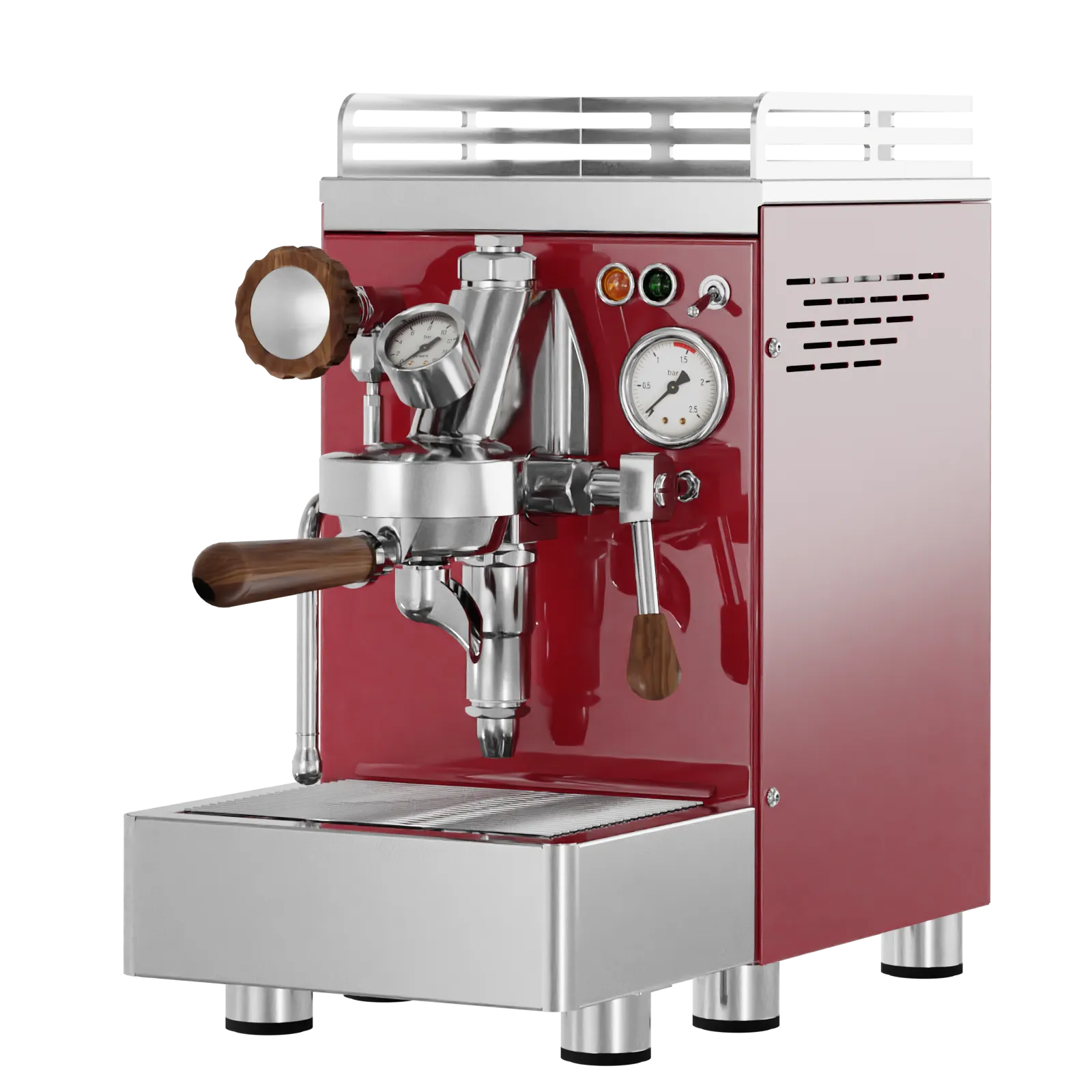 Commercial espresso machine, red housing with stainless parts and round pressure gauge
