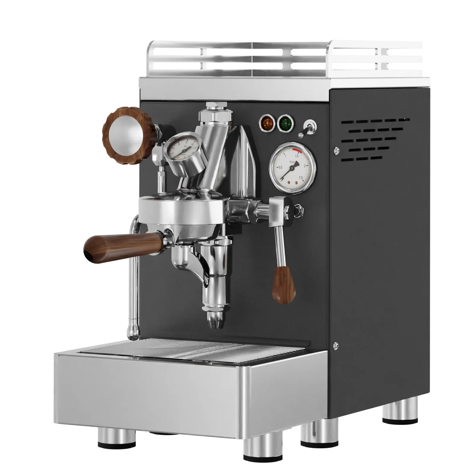 Black espresso coffee machine with wood handle, portafilter, and pressure gauge
