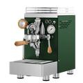 Commercial espresso machine, dark green housing with stainless parts and steam wand arms