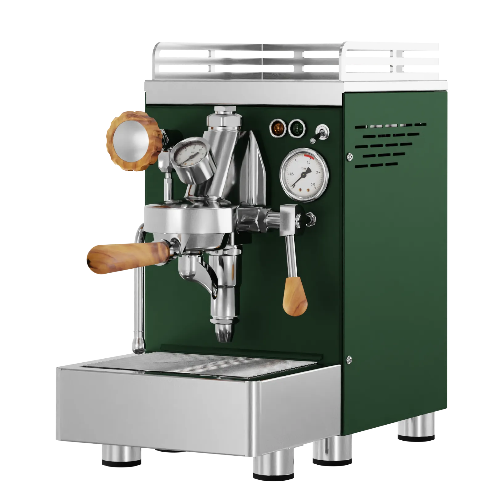 Commercial espresso machine, dark green housing with stainless parts and steam wand arms