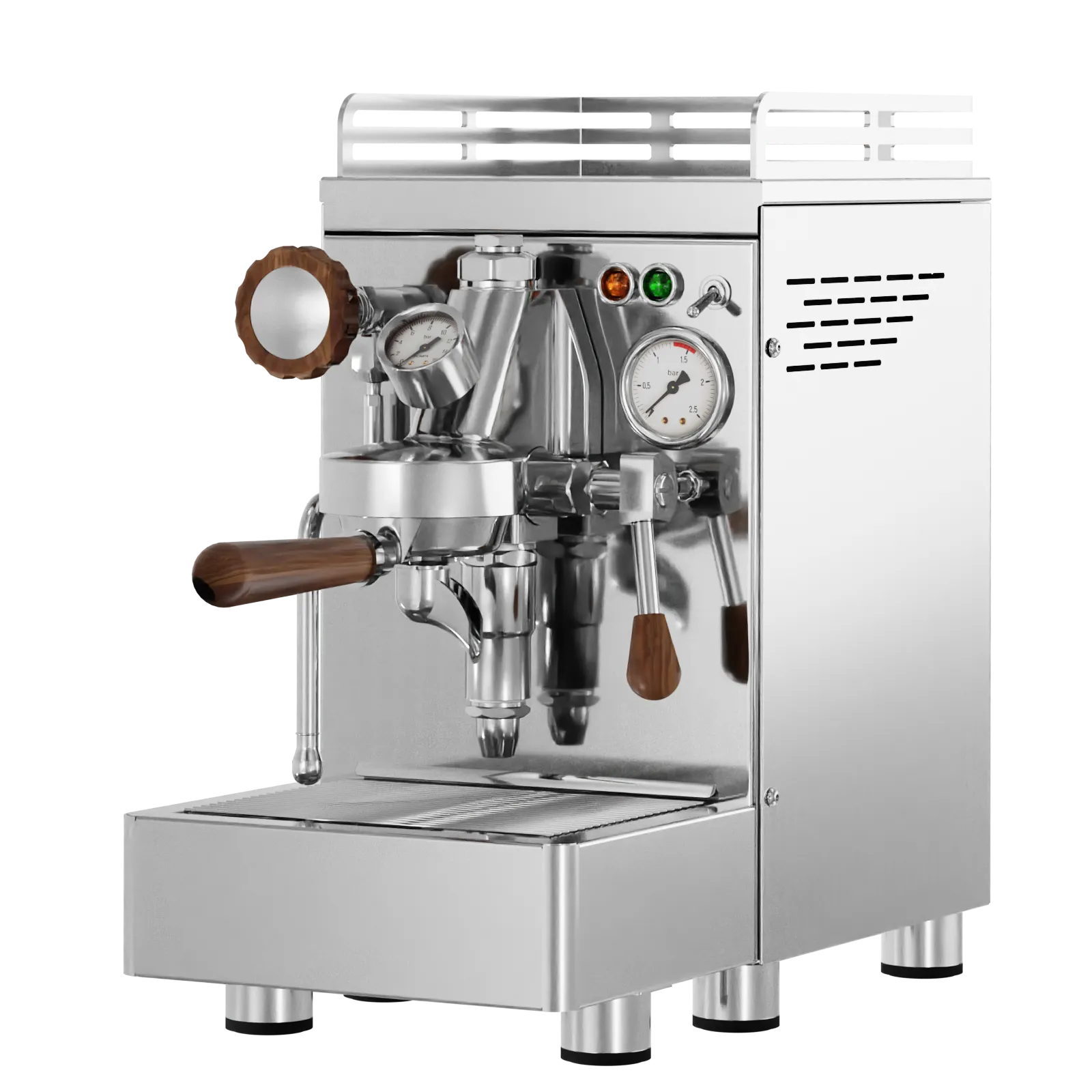 Commercial espresso machine, white housing with stainless details and steam wand arms
