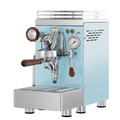 Commercial espresso machine, light blue housing with stainless details and steam wand arms
