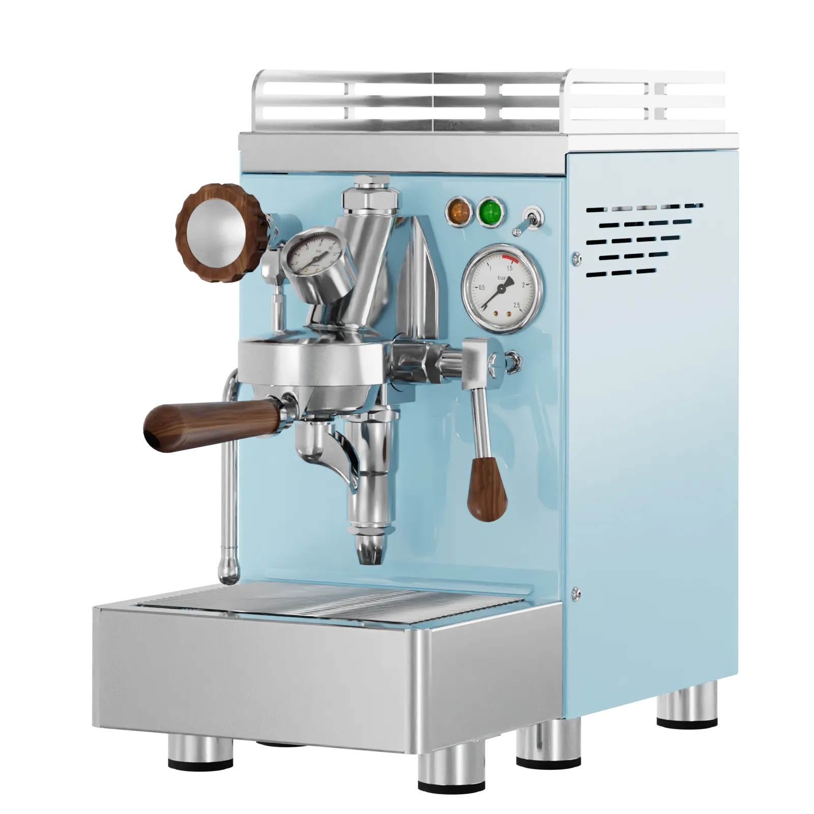 Commercial espresso machine, light blue housing with stainless details and steam wand arms