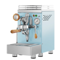 Commercial espresso machine, light blue housing with stainless parts and round pressure gauge