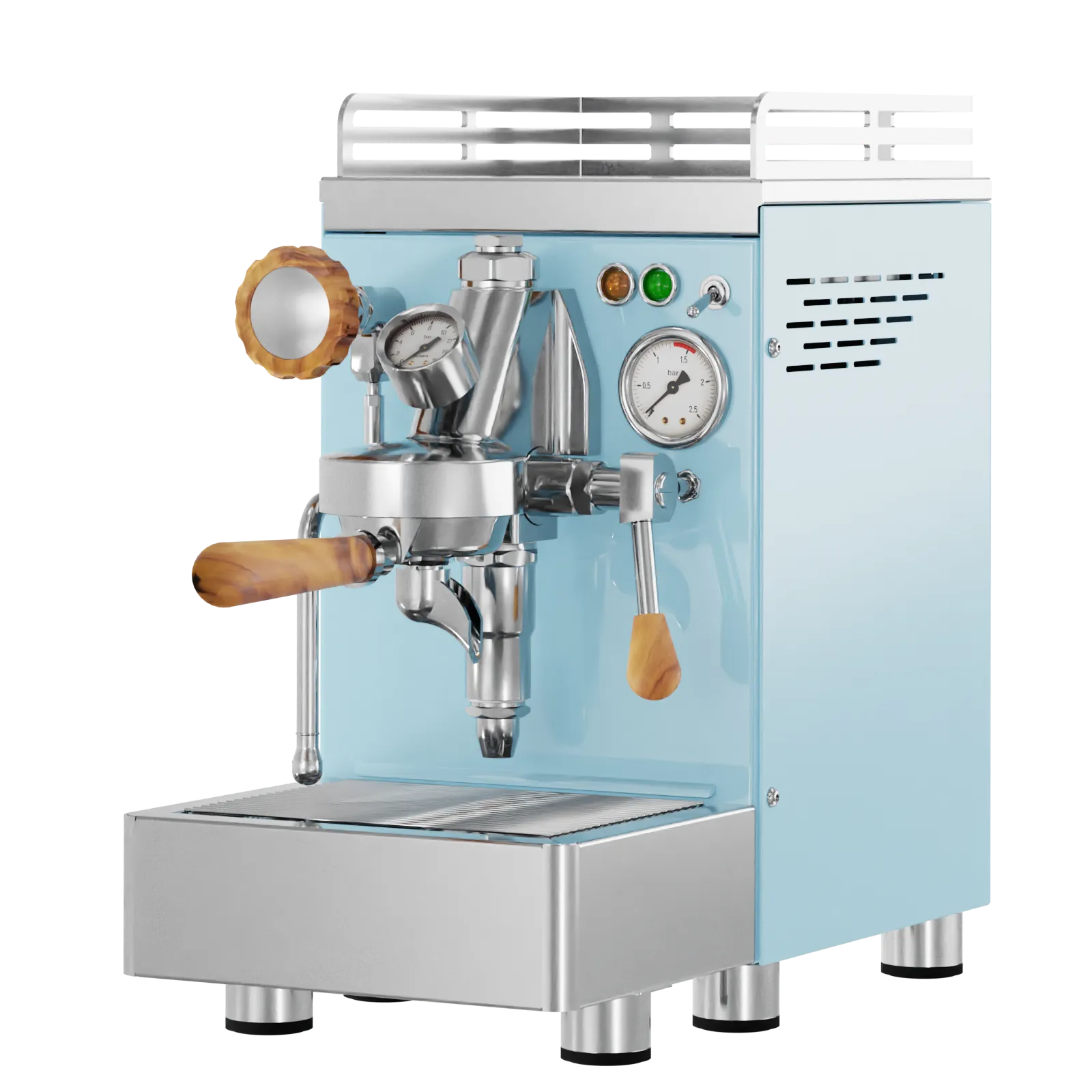 Commercial espresso machine, light blue housing with stainless parts and round pressure gauge
