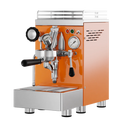 Commercial espresso machine, orange housing with stainless parts and pressure gauge