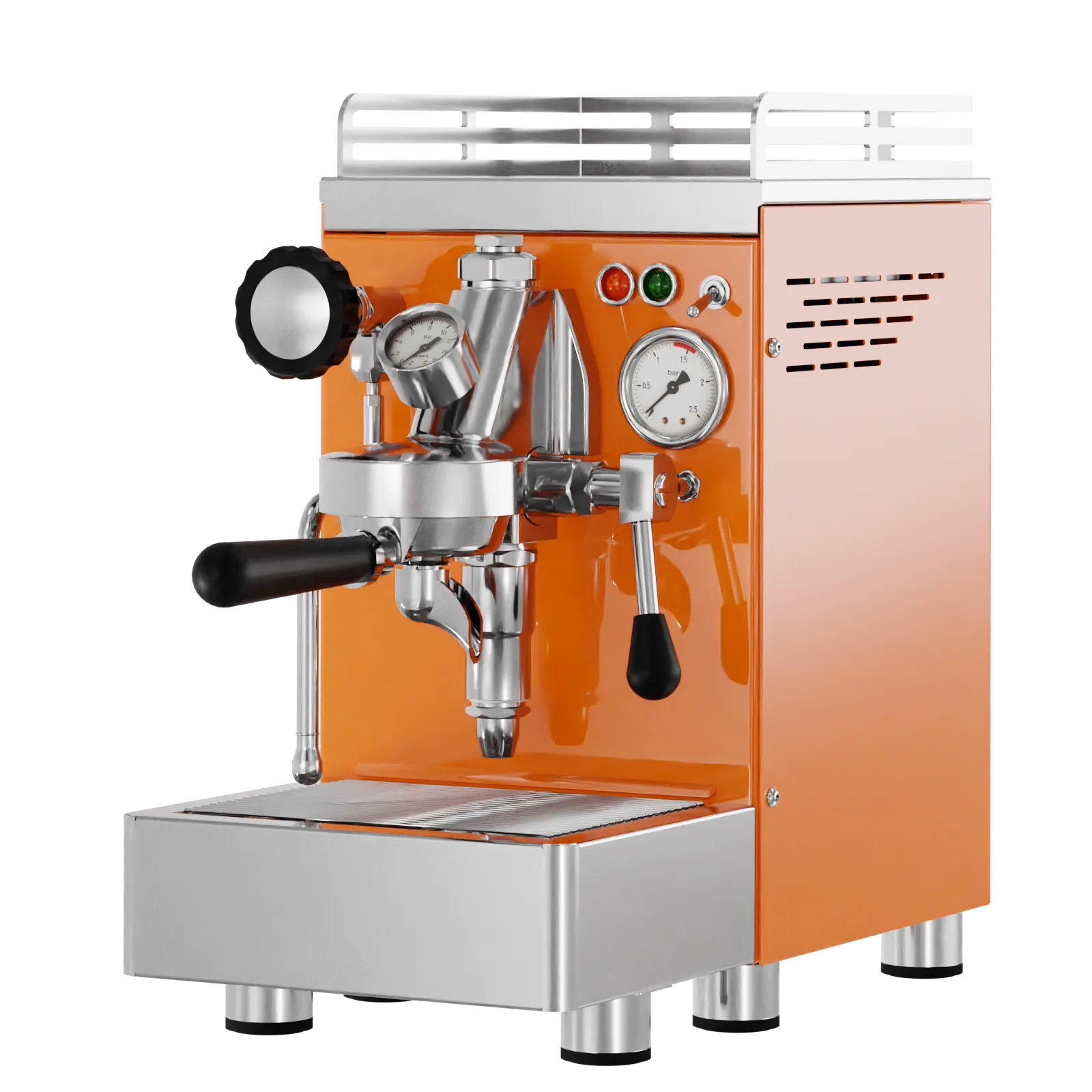 Commercial espresso machine, orange housing with stainless parts and pressure gauge