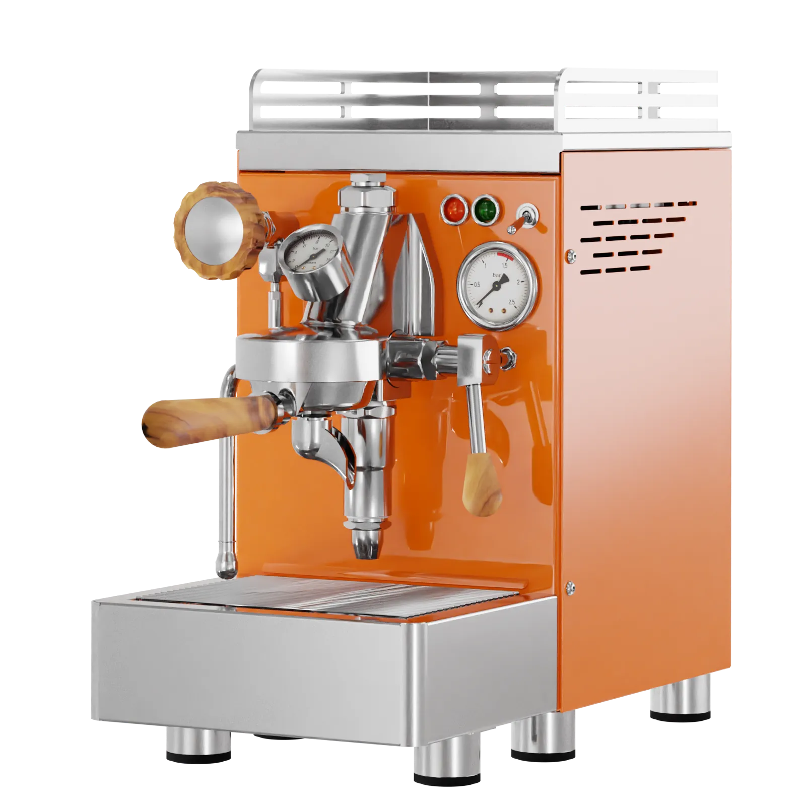 Commercial espresso machine, bright orange housing with stainless parts and steam nozzles