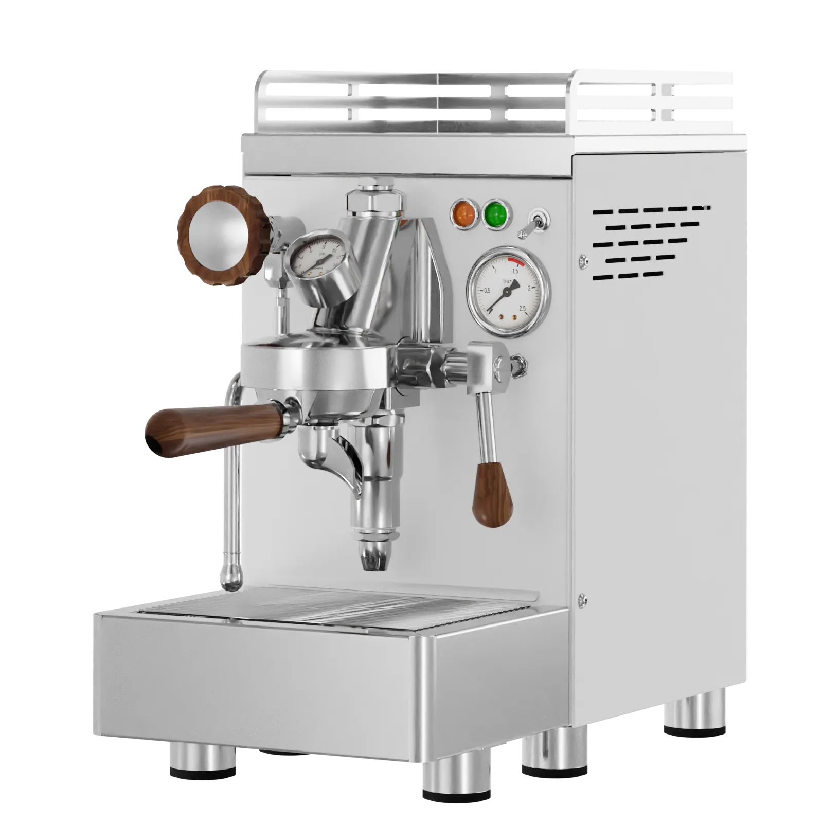 Commercial espresso machine, white housing with stainless parts and round pressure gauge